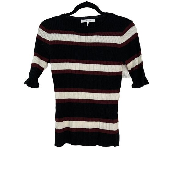 NWT FRAME Size S Noir Multi Striped Wool Blend Ruffle Sleeve Sweater MSRP $245 - Picture 2 of 12